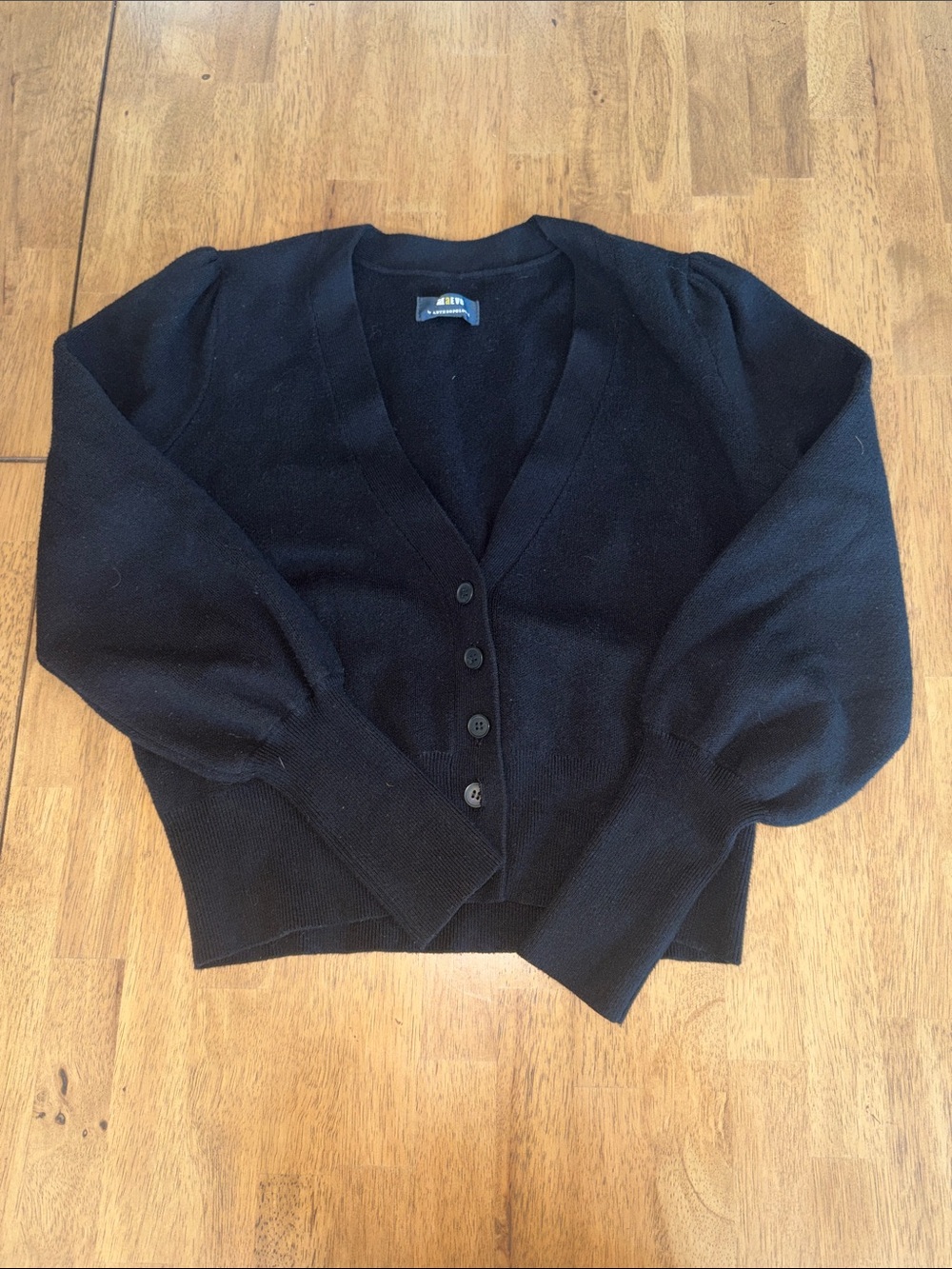Anthropologie Black V-Neck Button Front Puff Sleeve Cardigan